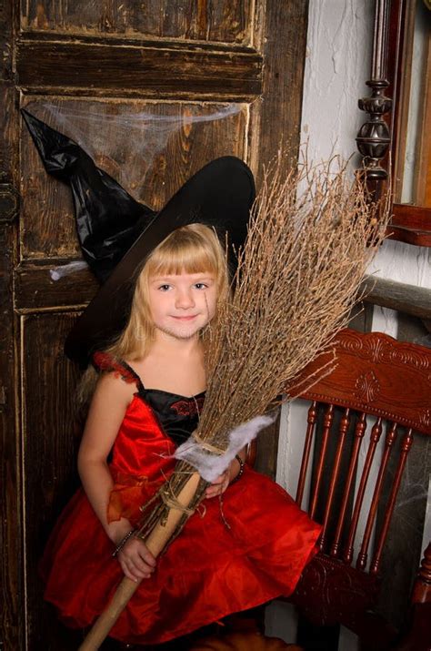 Cute Blonde Halloween Witch Girl With Broom Stock Photo Image Of Female Costumes 78126972