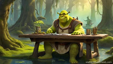 Shrek Is Sitting At A Table In A Swamp And Is Streaming On A Computer