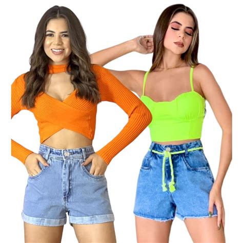 Kit Short Jeans Feminino Cintura Alta Hot Pants Shopee Brasil