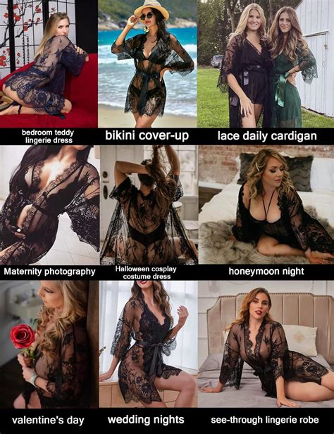 Avidlove Womens Lace Kimono Robe Babydoll Lingerie Mesh Nightgown S XL Black Avidlove