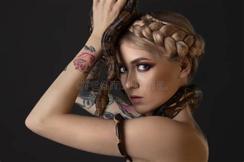 Tattooed Blonde With Python On Gray Background Stock Photo Image Of Erotic Nude 106346558
