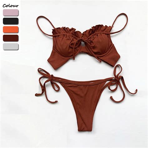 Sexy Straples Ruffles Bandage Women Bikini Set Pure Color Sumwear New Push Up Padded Women