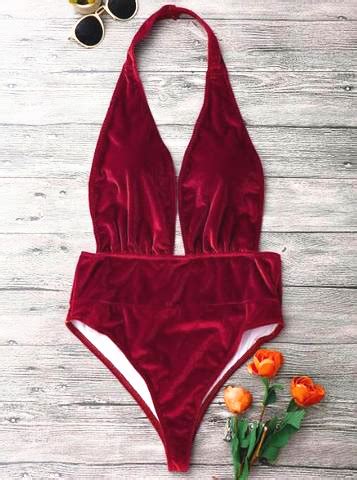 Sexy Velvet Pure Red Halter Deep V Neck One Piece Bikini Show Thin On