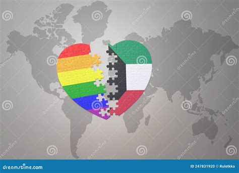 Puzzle Heart With The Rainbow Gay Flag And Kuwait On A World Map Background Concept Stock