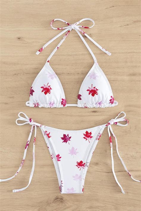 Wholesale Sexy Leaf Graphic Printing Padded Triangle Halter Neck Self Tie Bikini Set Ba