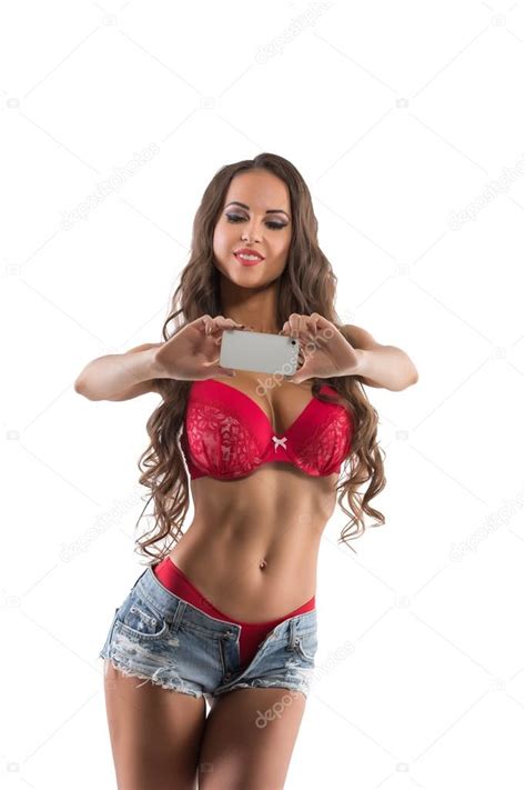 Hot Lingerie Model Doing Selfie Isolated On White Stock Photo By