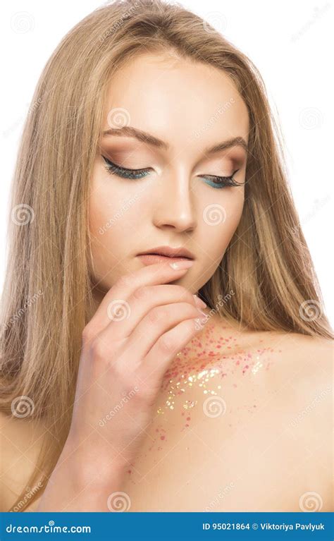 Glorious Blonde Model With Professional Makeup And Glitter On H Stock