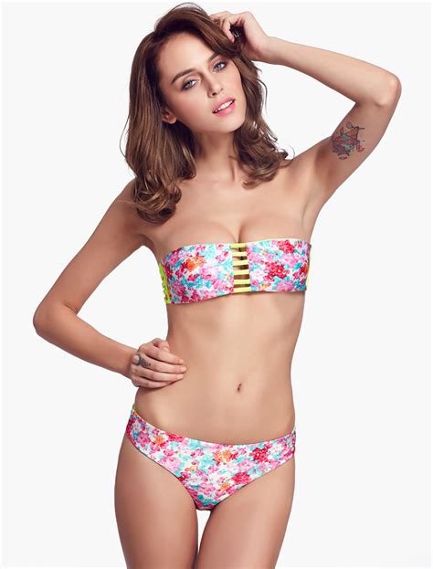 Multi Color Lace Up Floral Print Wireless Bikini Set Milanoo