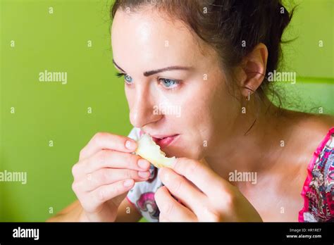 Photo Of Brunette Eating Watermelon And Melon Stock Photo Alamy