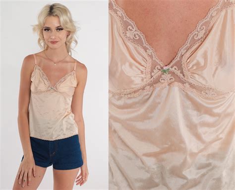 Beige Lace Camisole S Lingerie Tank Top Babydoll Cami Top Shiny Rosette Empire Waist Spaghetti