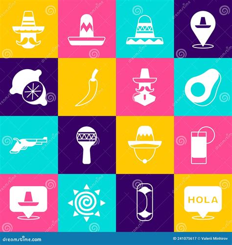 Set Hola Tequila Glass With Lemon Avocado Fruit Mexican Sombrero Hot Chili Pepper Pod Lime