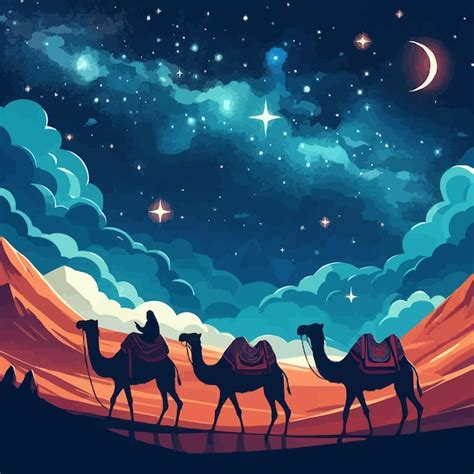 Premium Vector A Poster With A Desert With Camels And A Star That