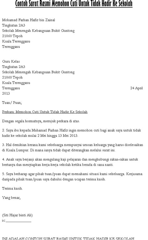 Surat Memohon Cuti Sekolah Anak