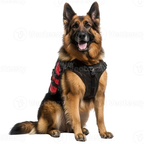 Smiling German Shepherd Dog In A Protective Harness Ready For Action