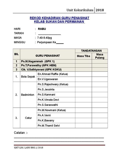 borang kehadiran guru kokurikulum