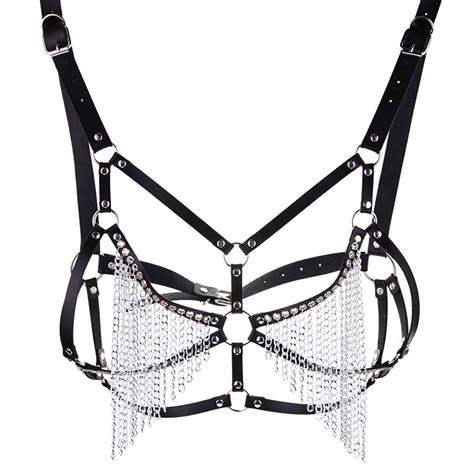 Punk Style Rock Sexy Leather Body Chain Cupless Bra Chain Tassel Bikini Vest Strap Chest Strap
