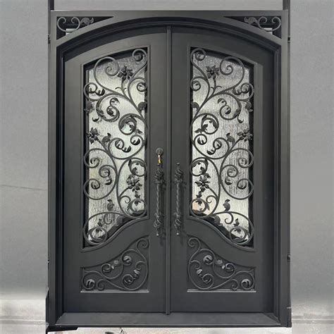 Gid Iron Double Front Door With Arched Top And Rain Glass Ed436