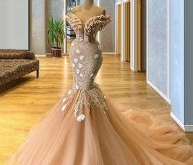 Elegant Nude Mermaid Gown With Floral Details On Luulla