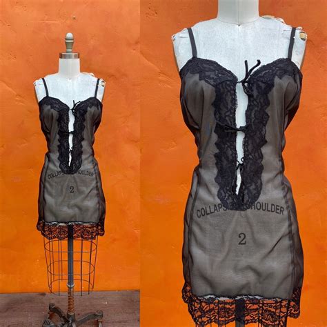 Vintage S Black Sexy Lingerie Mini Dress Plunging Neckline Laces Burlesque Club Party Goth