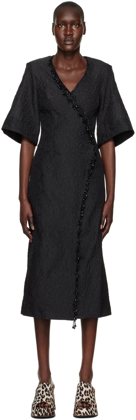 Robe midi noire à frange à perles GANNI en solde