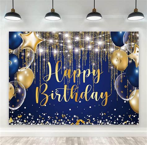 Navy Royal Blue Gold Happy Birthday Backdrop Golden Dot Balloon Diamond