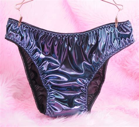 Shiny Ice Blue Metallic Foil Satin String Bikini Sissy Hot Sex Picture