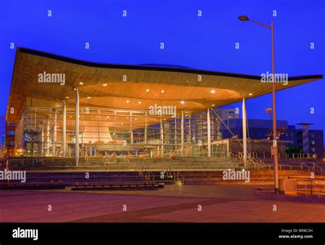 Welsh National Assembly Government Building Senedd At Night Cardiff