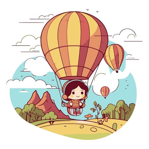 Premium Vector Hot Air Balloon And Cute Girl Cartoon In The Landscape Vector Illustration