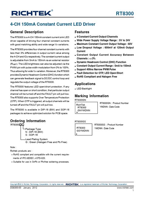 Rt8300 Richtek Driver Hoja De Datos Ficha Técnica Distribuidor