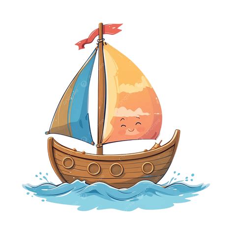 cute cartoon sailing boat clipart  smiling face  colorful sails