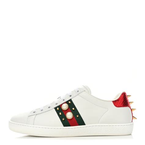 GUCCI Calfskin Web Pearl Studded Womens Ace Sneakers 37 5 White 1331649