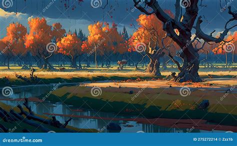 Artistic 2d Painting Of Autumn Landscape With Orange Trees Near Small