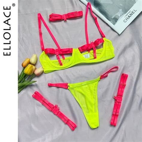 Lingerie Sexy ajourée pièces Costumes exotiques transparent ensemble pour femme vert néon