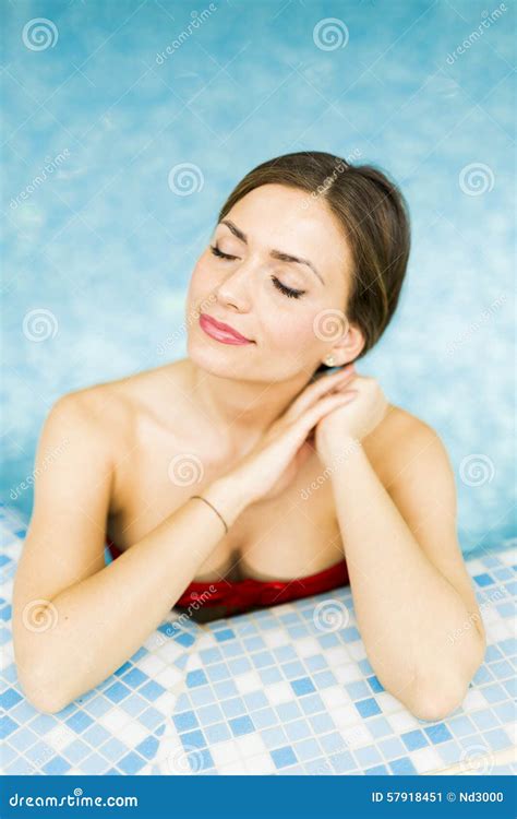 Beautiful Brunette In The Pool Stock Image Image Of Relaxation