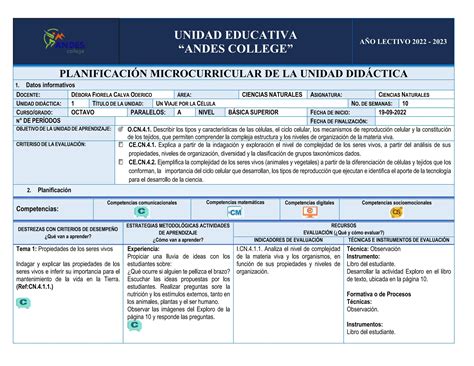 Plan Microcurricular Unidad Octavo Egbs Docx