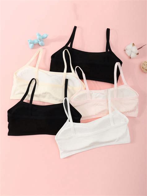 3pcs Tween Girls Lingerie Set Basic Style In Plain With Cartoon Patterns Including Padded