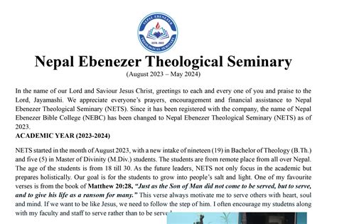 Nepal Ebenezer Theological Seminary Aug 2023 May 2024 Newsletter