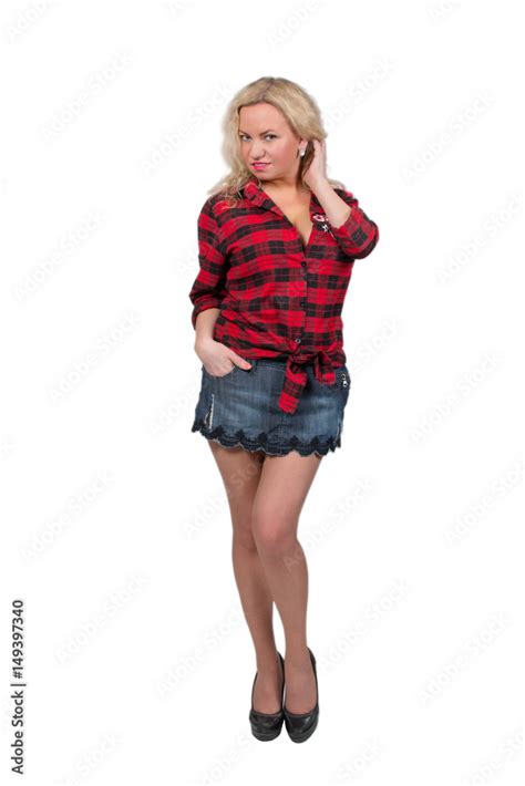 Sexy Blonde Girl In Denim Miniskirt Isolated On White Background Stock Photo Adobe Stock