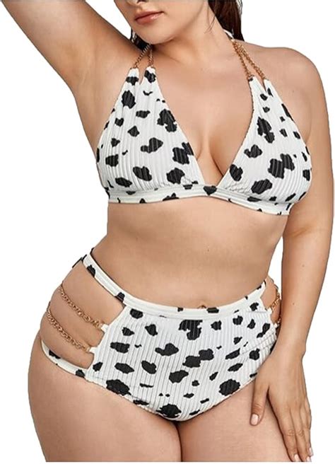 Women S Swimsuit Chain Cow Print Fat Lady Plus Size Swimsuit Split Bikini Suit White Amazon Ca