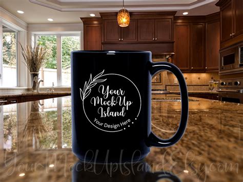 Oz Black Ceramic Coffee Mugs Mock Up On Kitchen Counter Minimalist