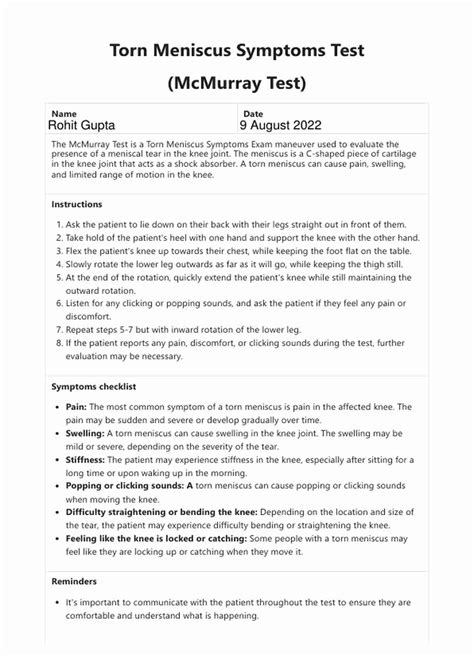 Torn Meniscus Symptoms Test And Example Free Pdf Download