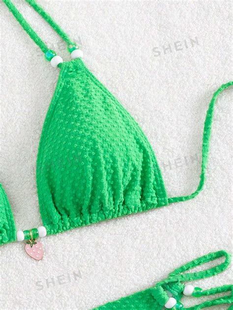 SHEIN Swim Mod Solid Color Halter Neck Back Tie Bikini Top With Side Tie Triangle Bottom Set