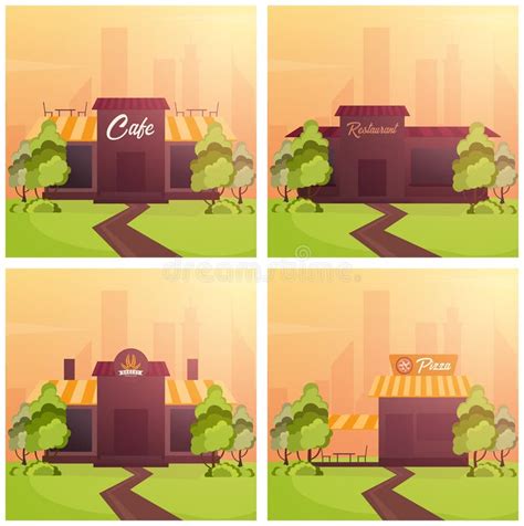 Set Banners Of Street Cafe Coffeeshop City Cafe Flat Design Concept