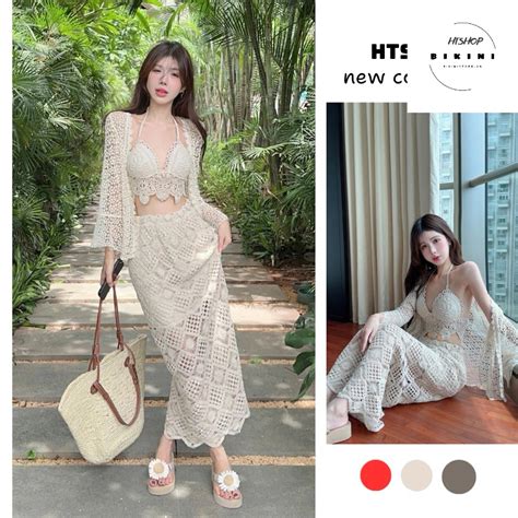 43 Bán sỉ Set bikini 3 món gồm chân váy dài áo bra lượn sóng áo choàng hạt tay loe thời trang