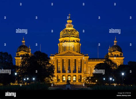 The Iowa State Capital Building Illuminated At Night In Des Moines