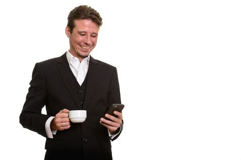 Premium Photo Happy Caucasian Businessman Using Mobile Phone