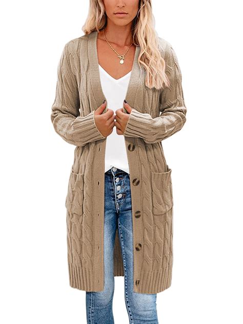 Wsevypo Women S Long Sleeve Button Down Chunky Cable Knit Cardigan With