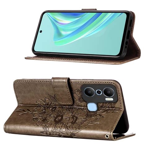 For Infinix Hot Play Embossed Butterfly Flip Leather Phone Case Grey Alexnld