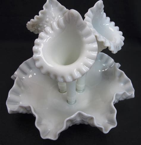 Fenton 3 Horn Epergne Milk Glass Hobnail Vintage Centerpiece Flower