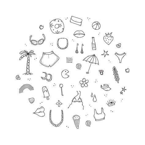 Doodle Set Of Travel Summer Vacation Elements Bikini Shorts Lips Palm Lollipop Umbrella